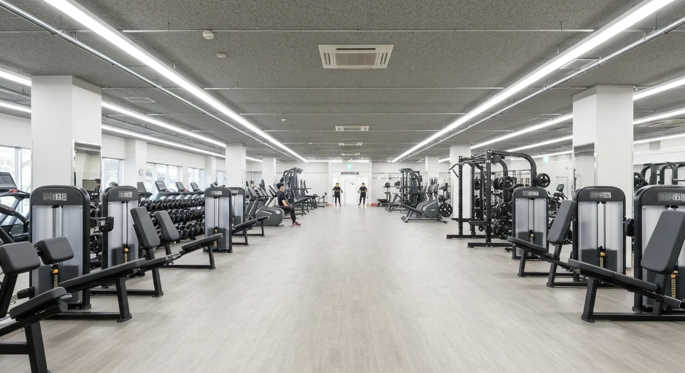 天井の高いトレーニングフロアにマシンが整列し、通路の奥まで見渡せる店内写真